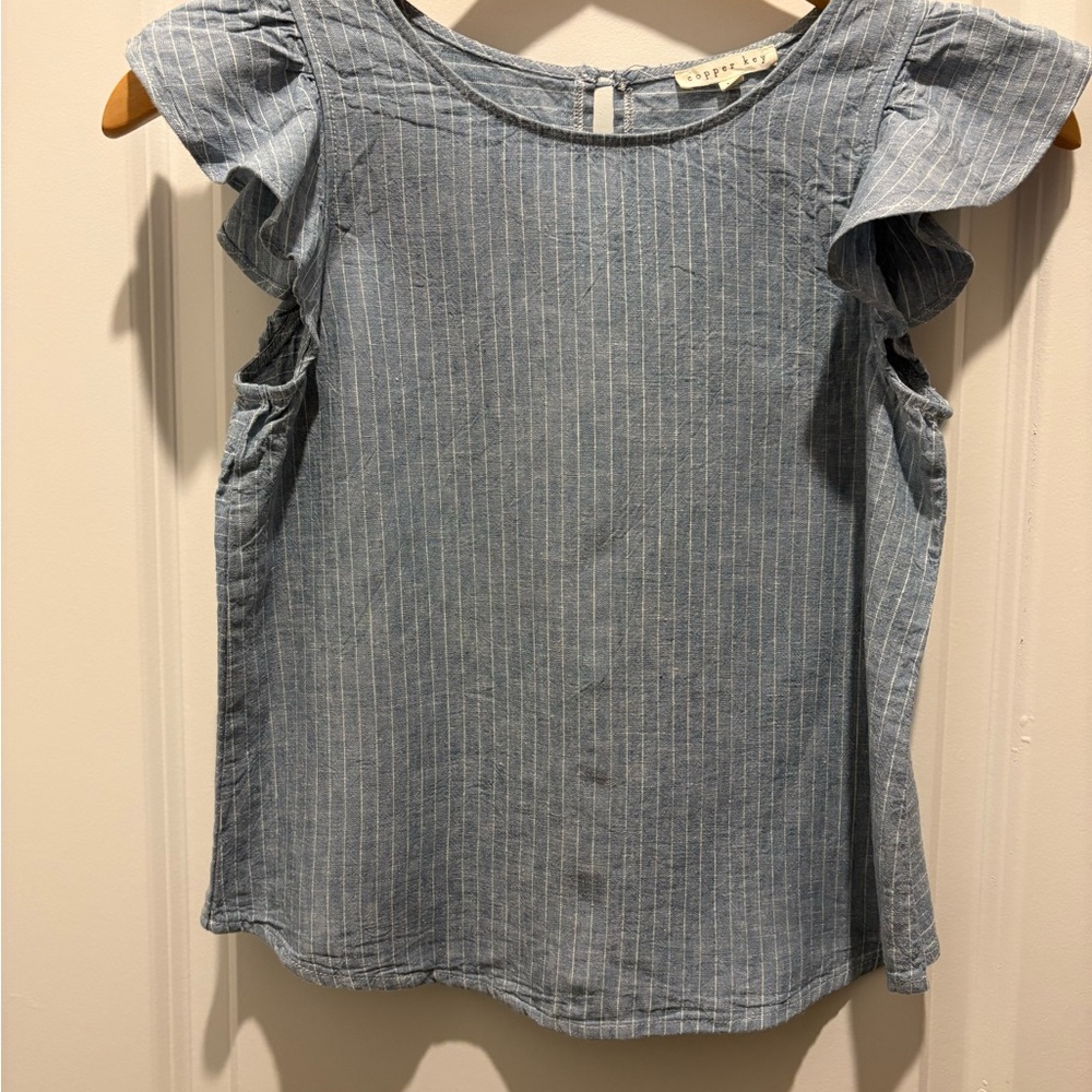 Copper Key Light Blue Pinstripe Blouse with Ruffle Sleeves